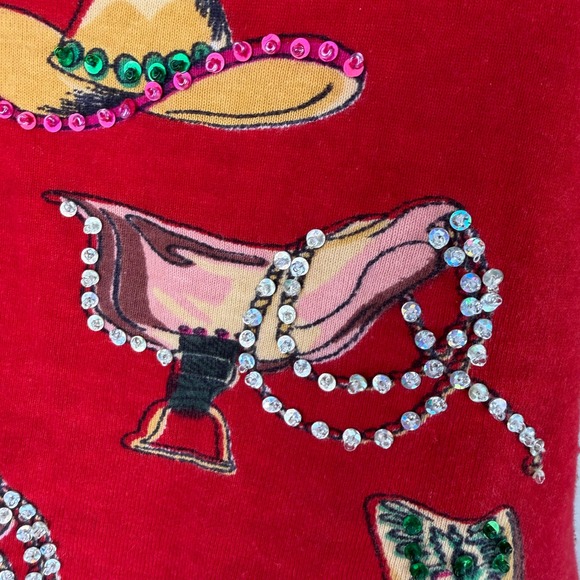 VTG Take Two Womens Red Western Sequin Cowboy Boot Hat Top Cotton Knit SZ M - Picture 7 of 11
